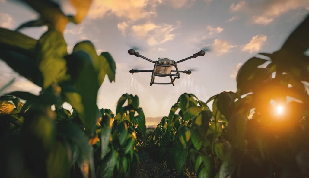 Drone agrícola rociando cultivos al amanecer, destacando la tecnología y la innovación para otras necesidades de financiamiento del negocio.
