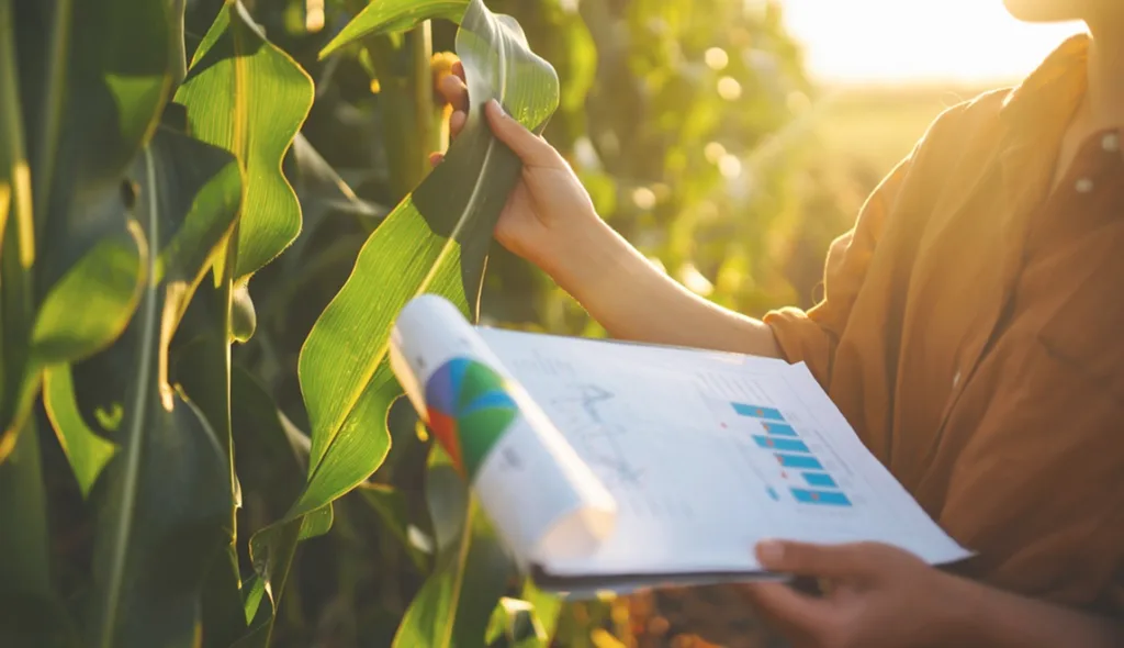 Agricultora examinando cultivos de maíz en un campo, representando a los socios y el apoyo del Sistema de Crédito Agrícola.